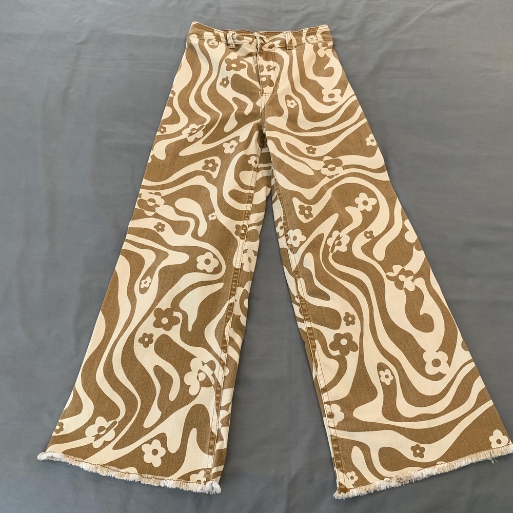 Billabong Jeans Womens 26 Brown Floral High Rise Wide Leg Stretch Retro Hippie